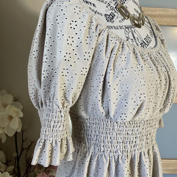 Urban Romantics Peasant Blouse Size L Smocked Off Shoulder Eyelet Embroidered - Picture 4 of 7